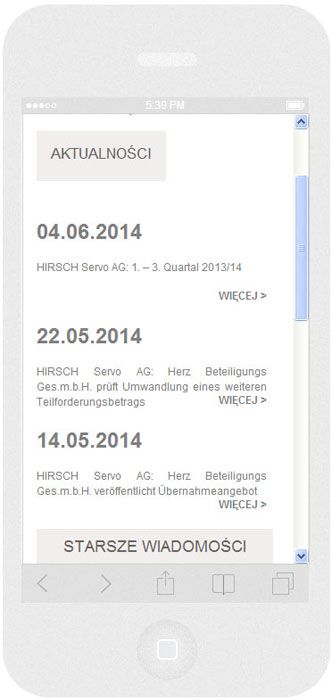 Oprogramowanie na zamówienie dla Hirsch Porozell - strona internetowa.<br>Strona internetowa w technice RWD. <br>Prezentacja wybranej strony WWW na  iPhone 5 w układzie portret szerokość ekranu 320 px