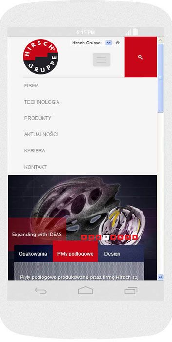 Oprogramowanie na zamówienie dla Hirsch Porozell - strona internetowa.<br>Strona internetowa w technice RWD. <br>Prezentacja układu menu strony WWW na Android (Nexus4) w układzie portret szerokość ekranu 384 px